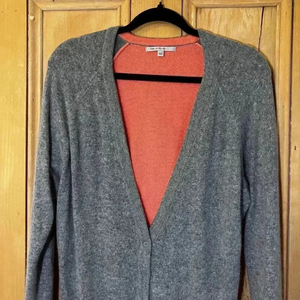 GAP Womens Angora Rabbit Hair Button Up Cardigan Sweater XL Gray Pink SP EXC - Picture 3 of 12